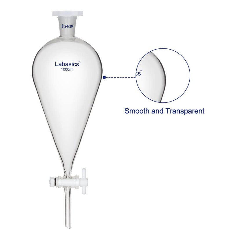 Labasics Conical Separatory Funnel, 1000 ml Heavy Wall Borosilicate Glass Separating Funnel with 24/29 Joints and PTFE Stopcock - Image 3
